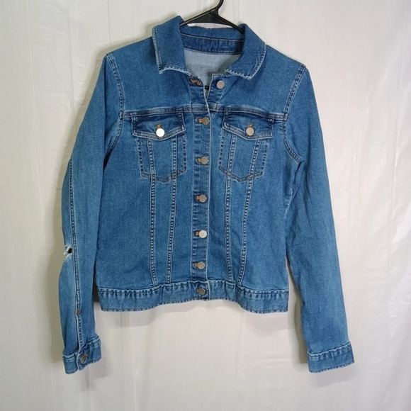 Calvin Klein Women's Denim Trucker Jacket Blue Distressed M - Picture 1 of 13